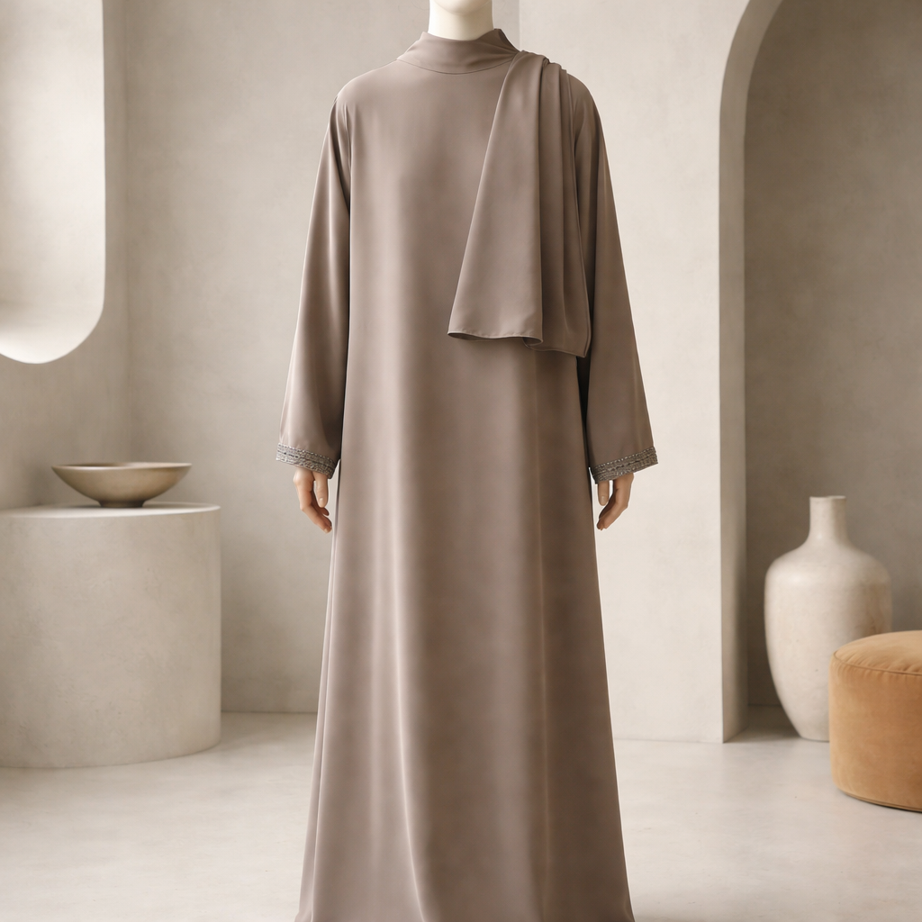 Taupe Embroidered Trim Abaya With Shawl