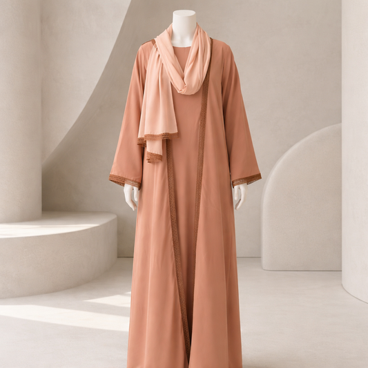 Peach Embroidered Trim Abaya With Shawl