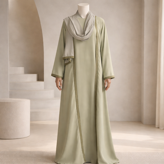 Sage Embroidered Trim Abaya With Shawl