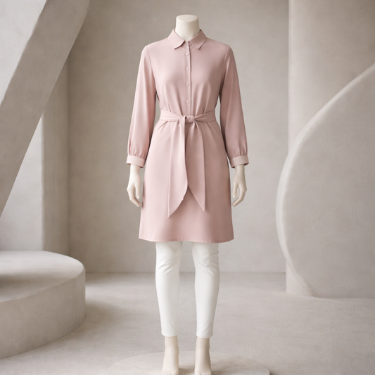 Soft Pink Tie-Waist Shirt Dress
