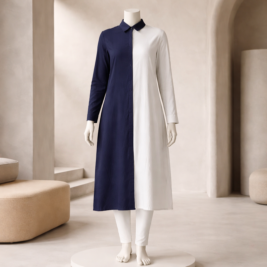 Navy Contrast Panel Shirt Dress