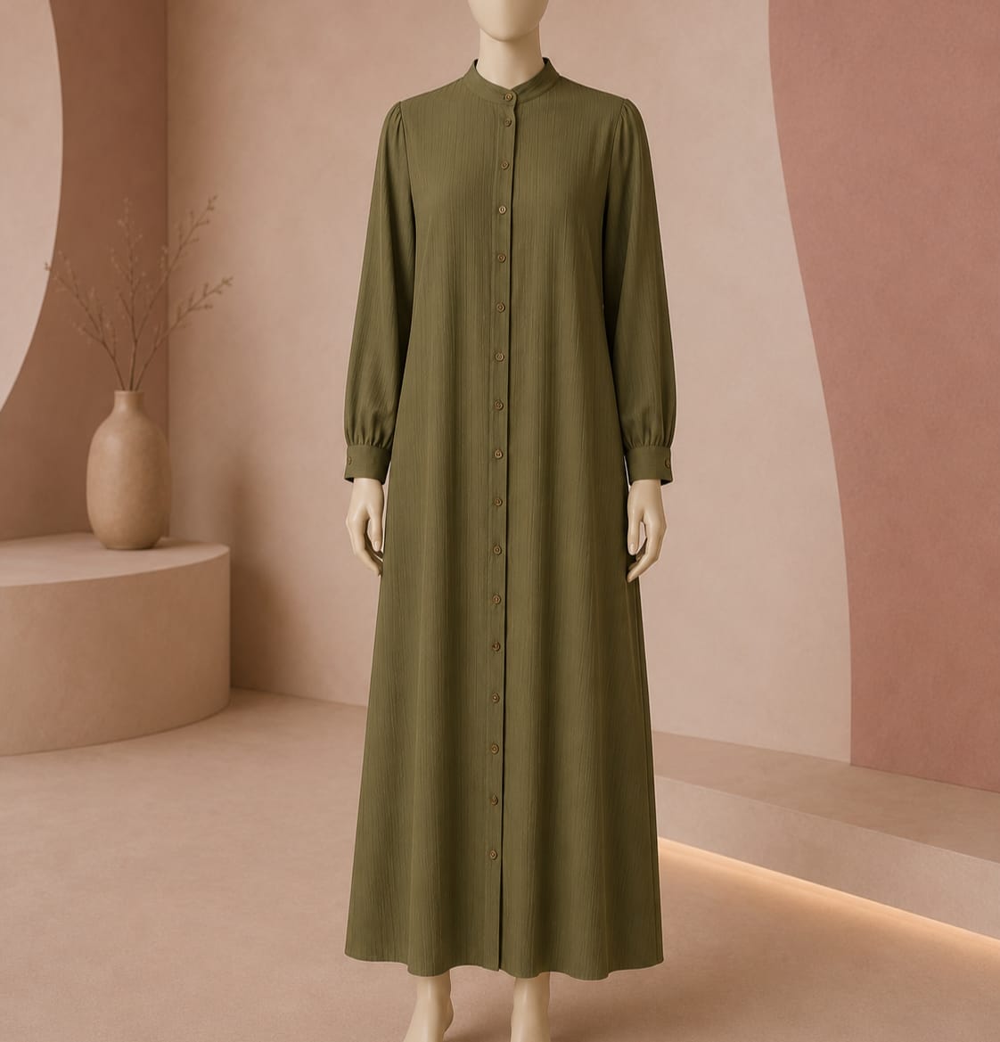 Olive Button Front Maxi Abaya