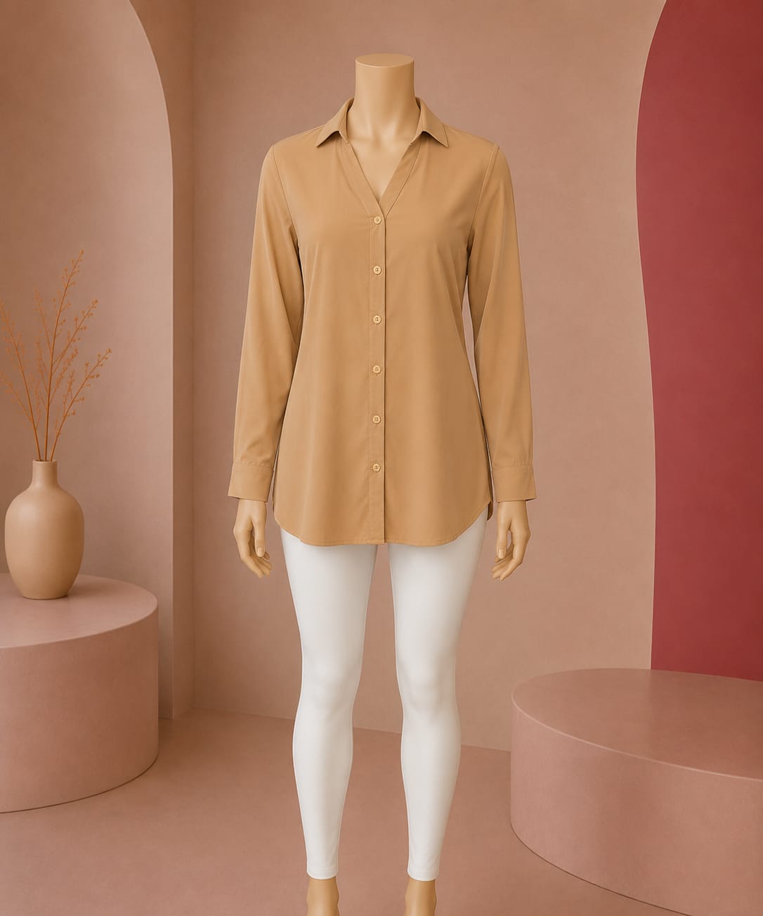 Caramel Silkline Buttoned Shirt Top