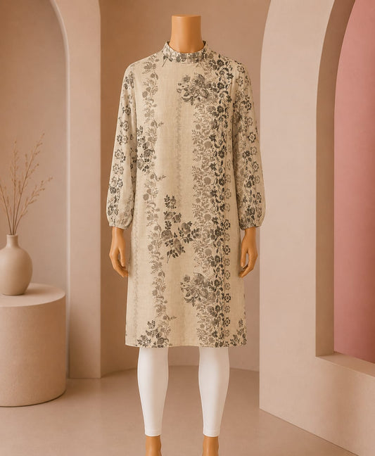 Vintage Floral Mock-Neck Midi Top – Grey