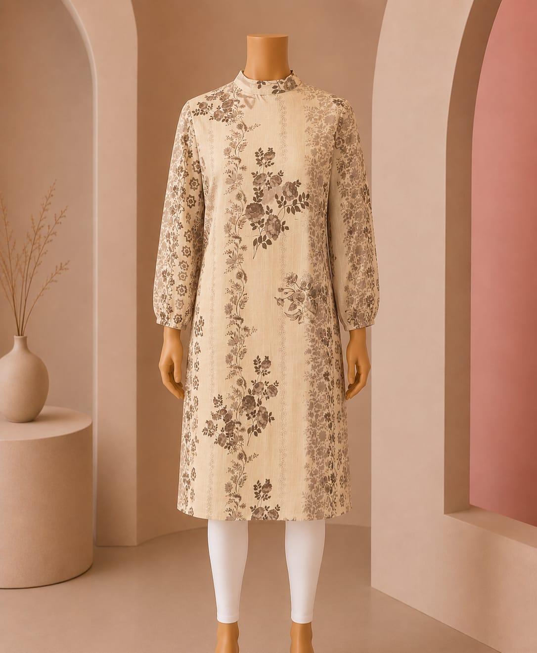 Vintage Bloom Mock-Neck Midi Top – Cream