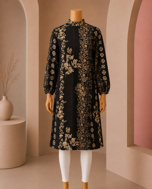 Midnight Floral Mock-Neck Midi Top – Black