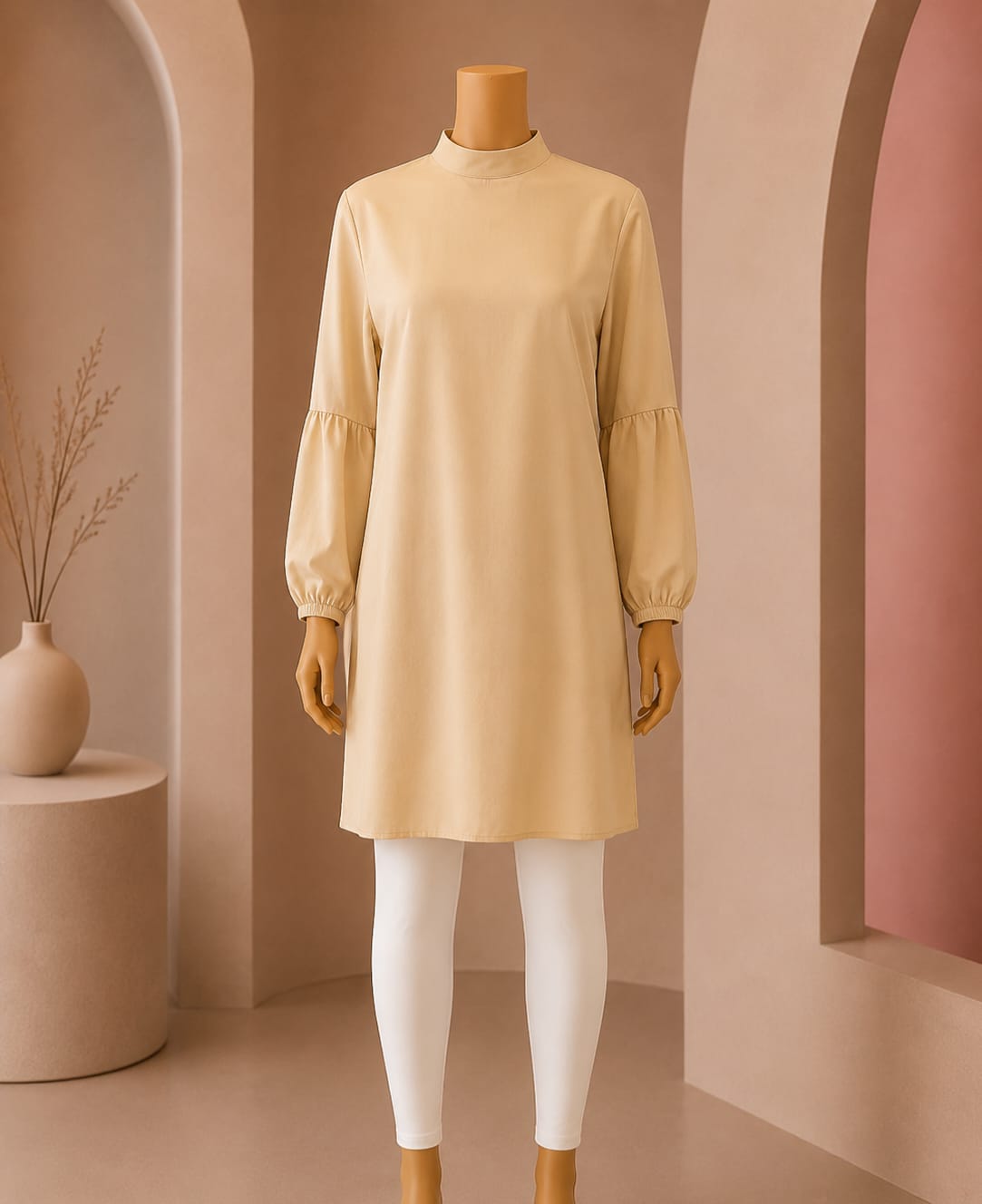 Graceful Bell-Sleeve Mock-Neck Midi Top – Beige
