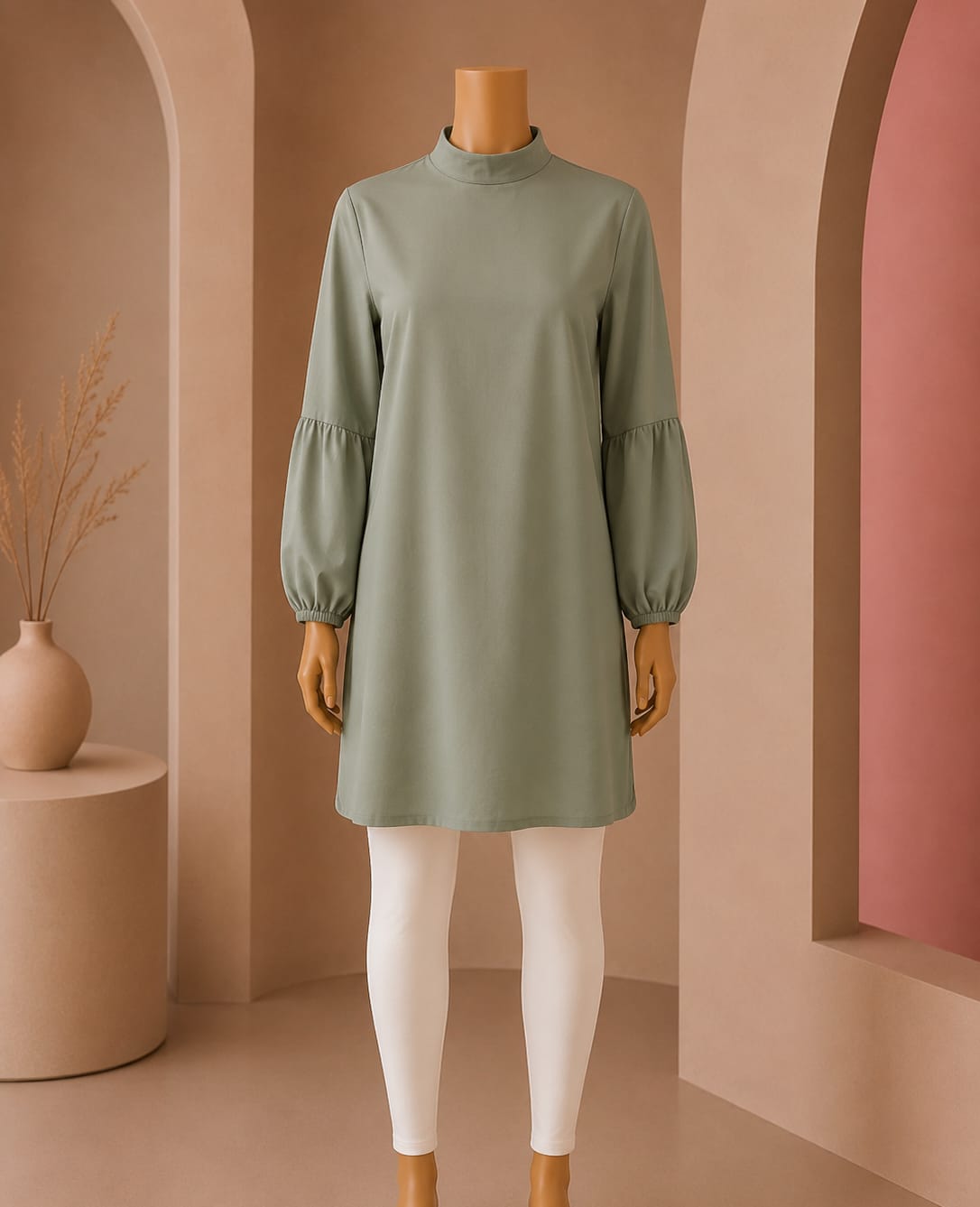 Graceful Bell-Sleeve Mock-Neck Midi Top – Sage Green