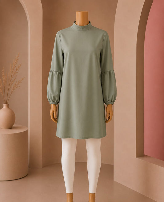 Graceful Bell-Sleeve Mock-Neck Midi Top – Sage Green
