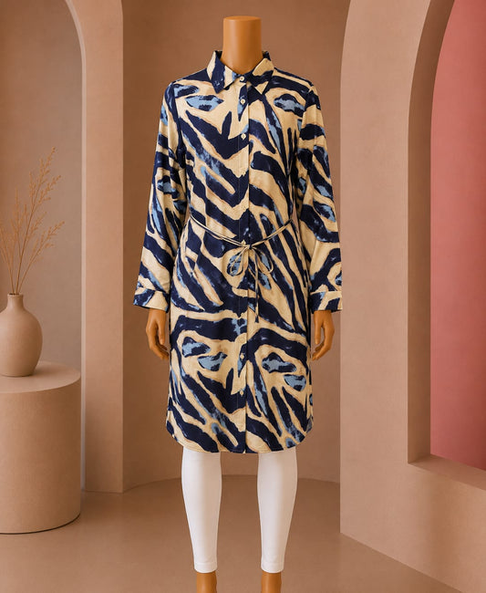Navy Abstract Print Belted Shirt Dress