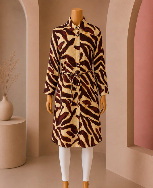 Maroon Abstract Print Belted Shirt Dress