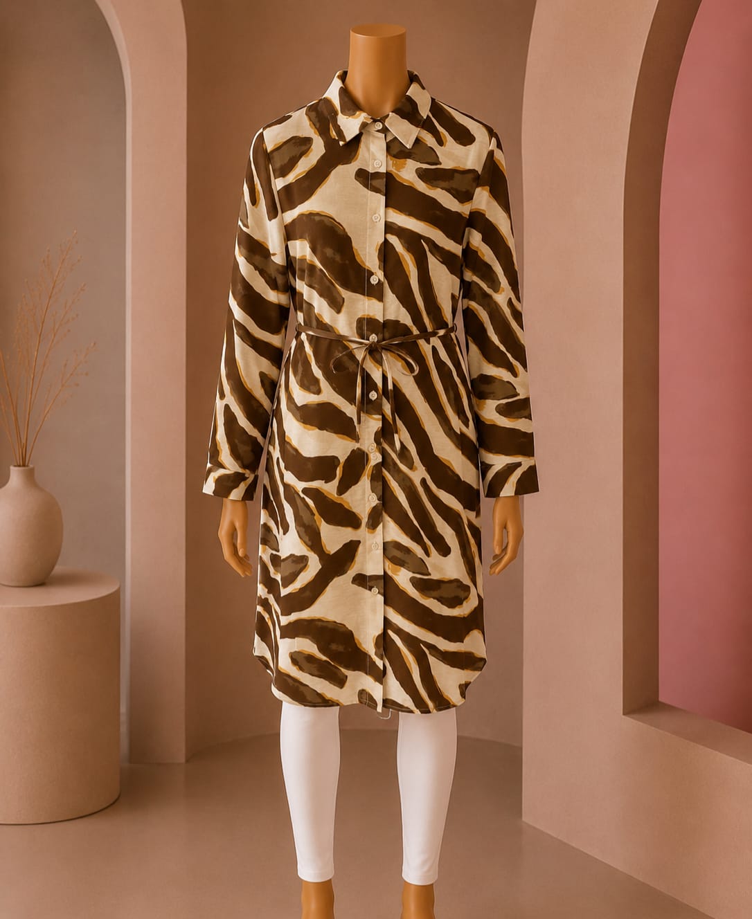 Mocha Abstract Print Belted Shirt Dress
