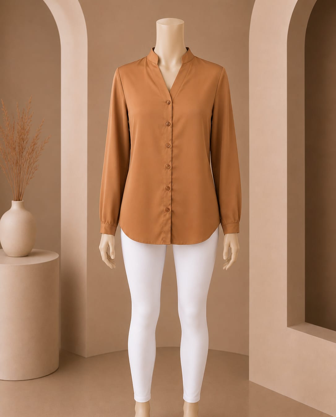 Caramel Split-Neck Buttoned Top