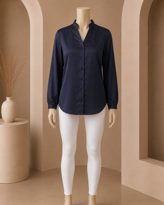 Midnight Blue Split-Neck Buttoned Top
