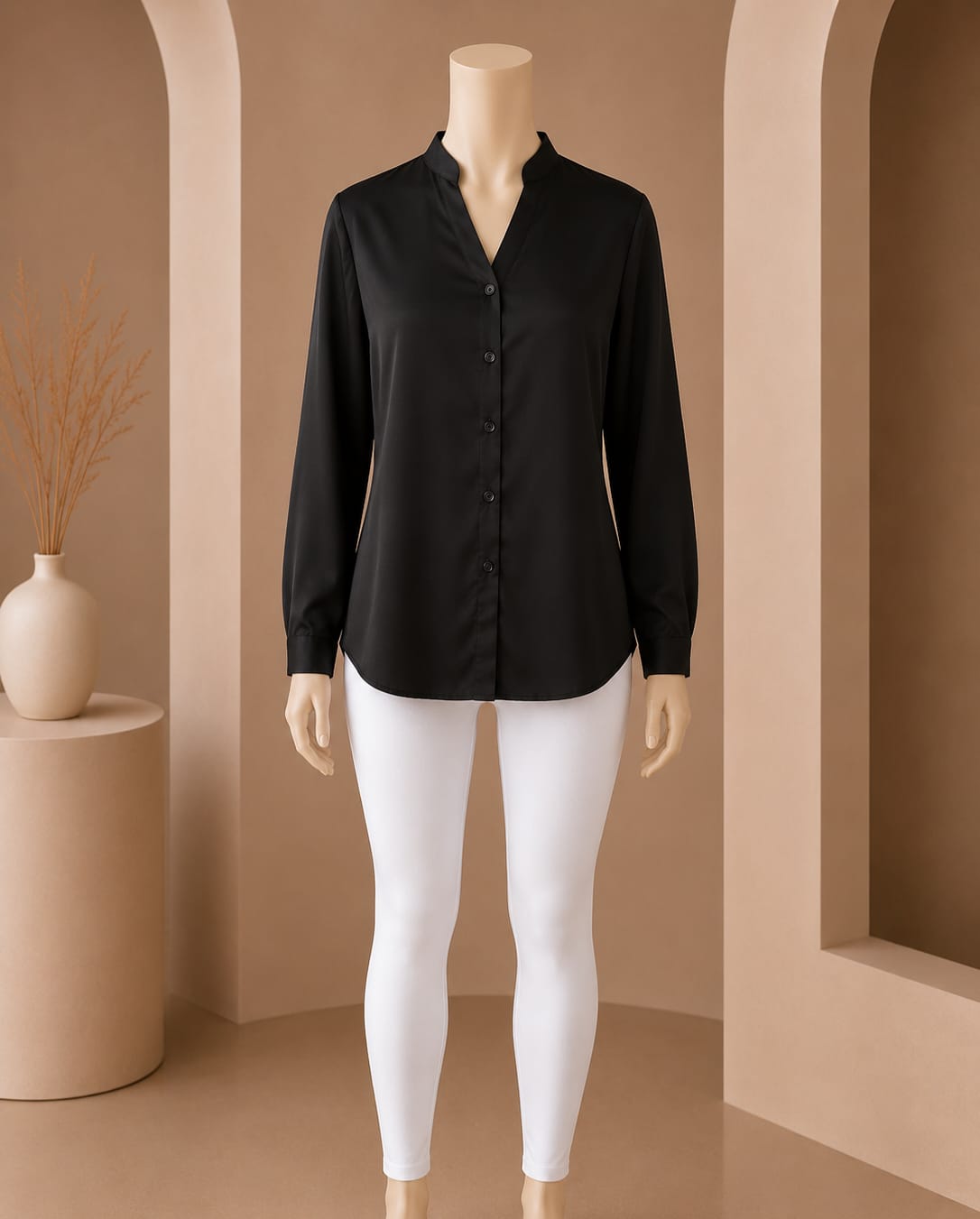 Classic Black Split-Neck Buttoned Top