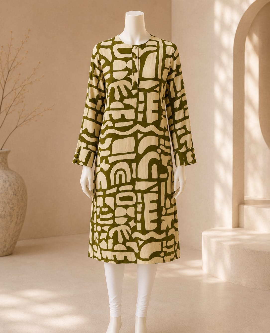 Olive Mosaic Statement Tunic Top