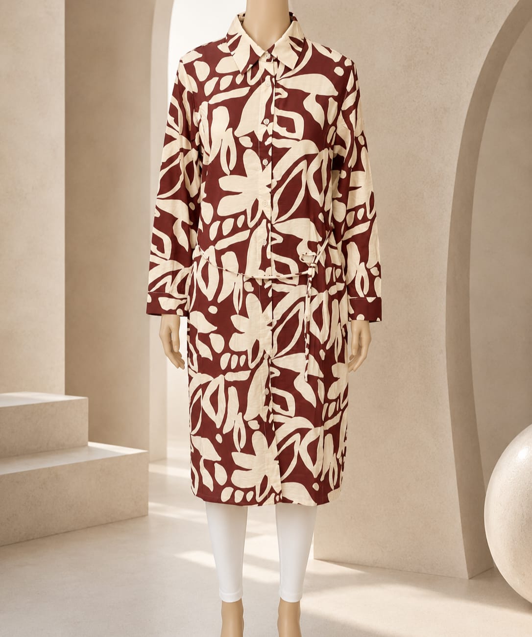 Maroon Botanical Tie-Waist Shirt Dress