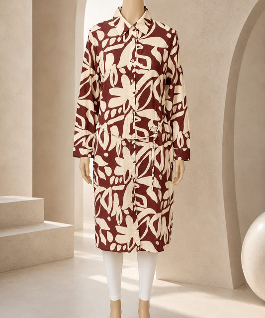 Maroon Botanical Tie-Waist Shirt Dress