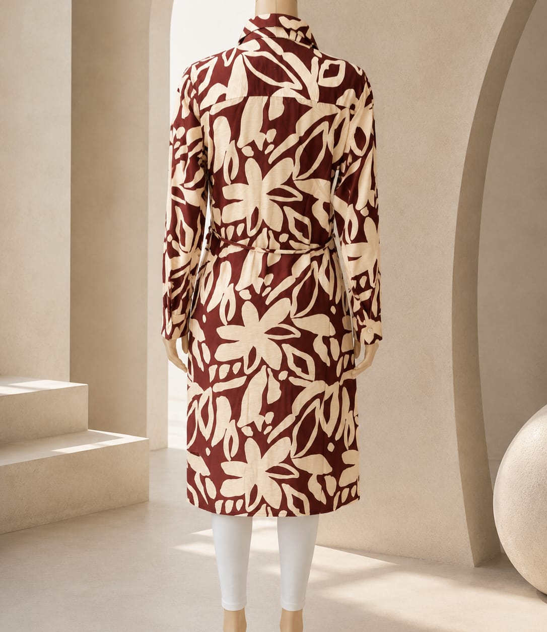 Maroon Botanical Tie-Waist Shirt Dress