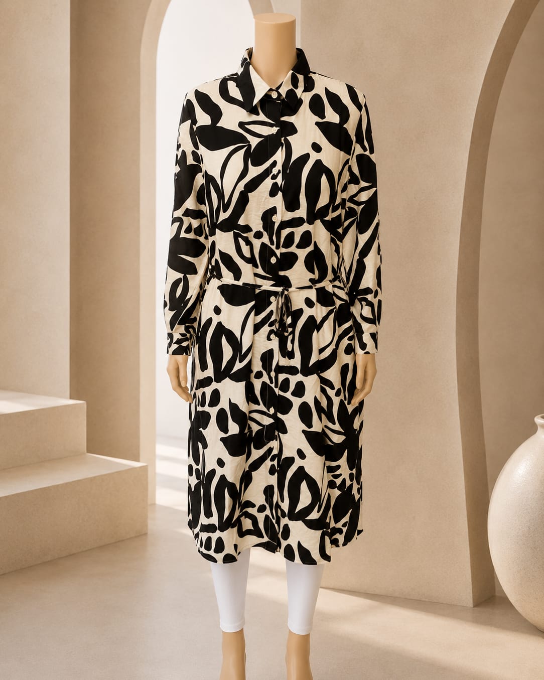 Monochrome Botanical Tie-Waist Shirt Dress
