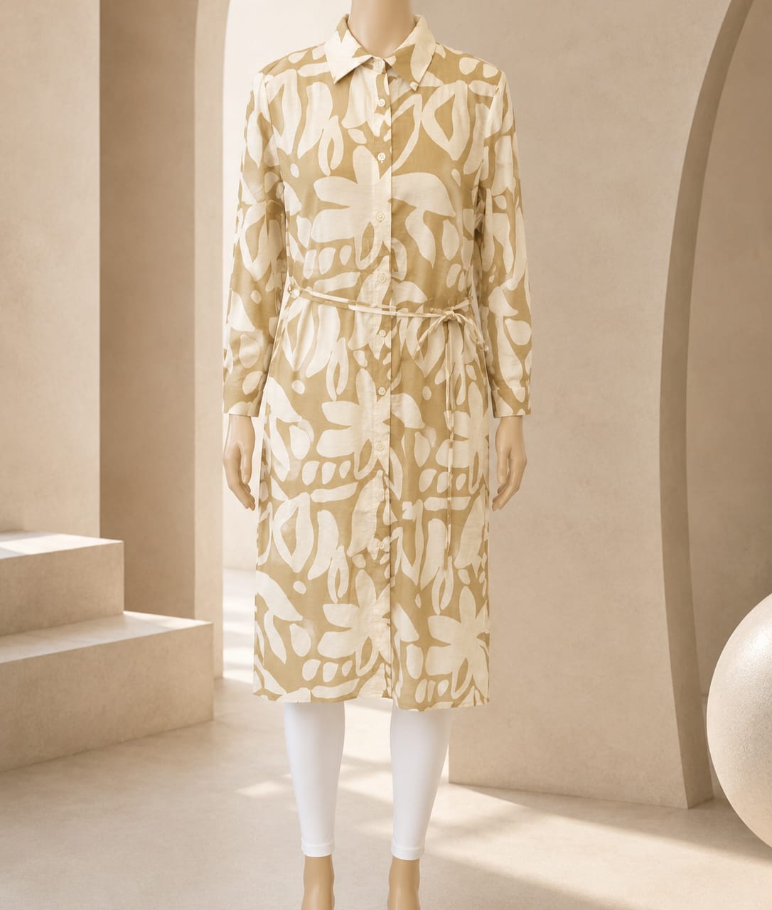 Sand Beige Botanical Tie-Waist Shirt Dress