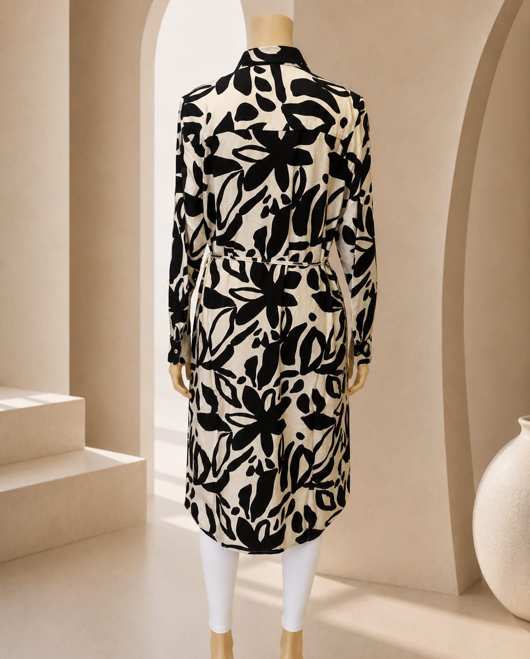 Monochrome Botanical Tie-Waist Shirt Dress
