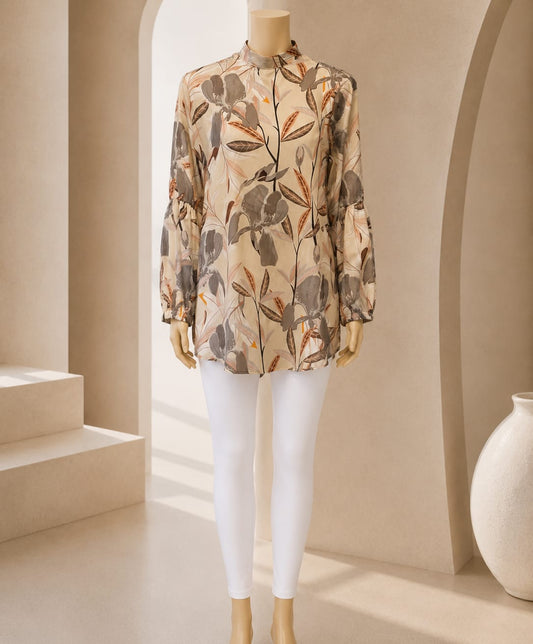 Blush Beige Floral Mock-Neck Tunic