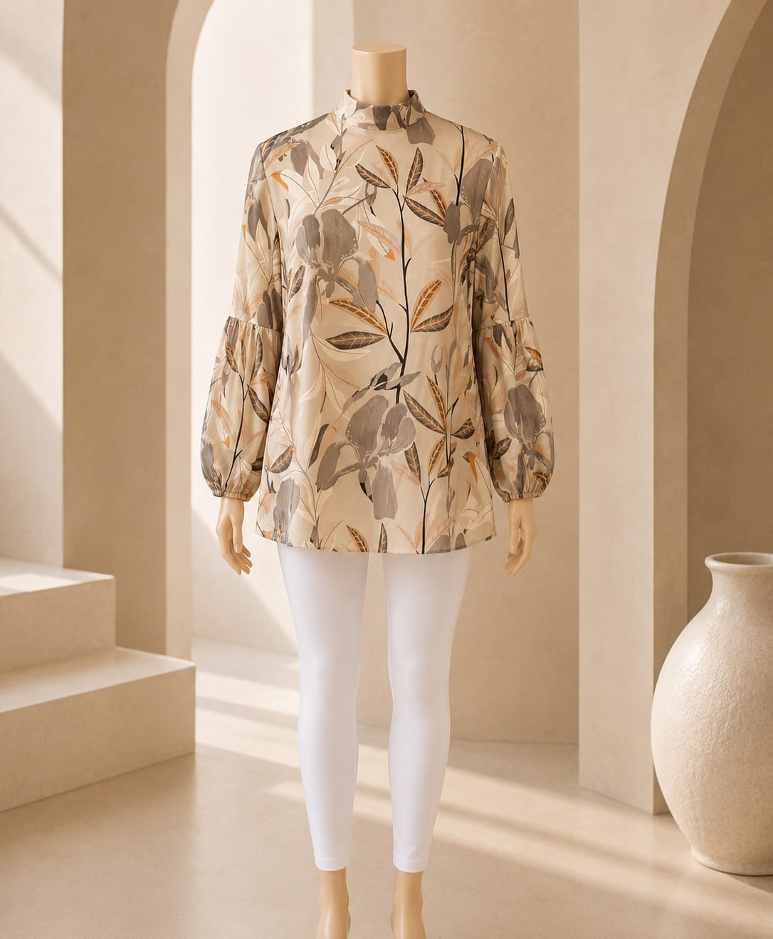Taupe Floral Mock-Neck Tunic