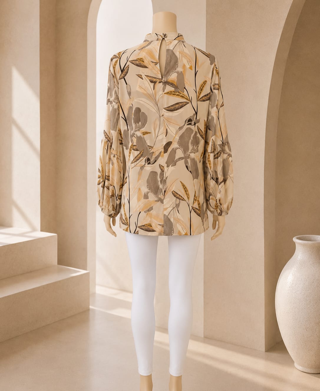 Taupe Floral Mock-Neck Tunic