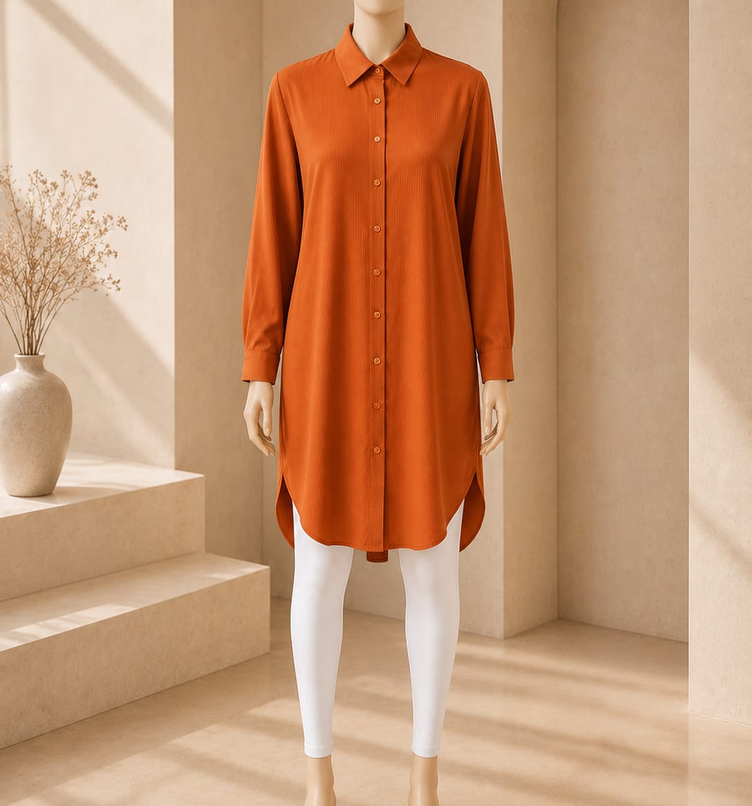 Burnt Orange Pinstripe Shirt Dress