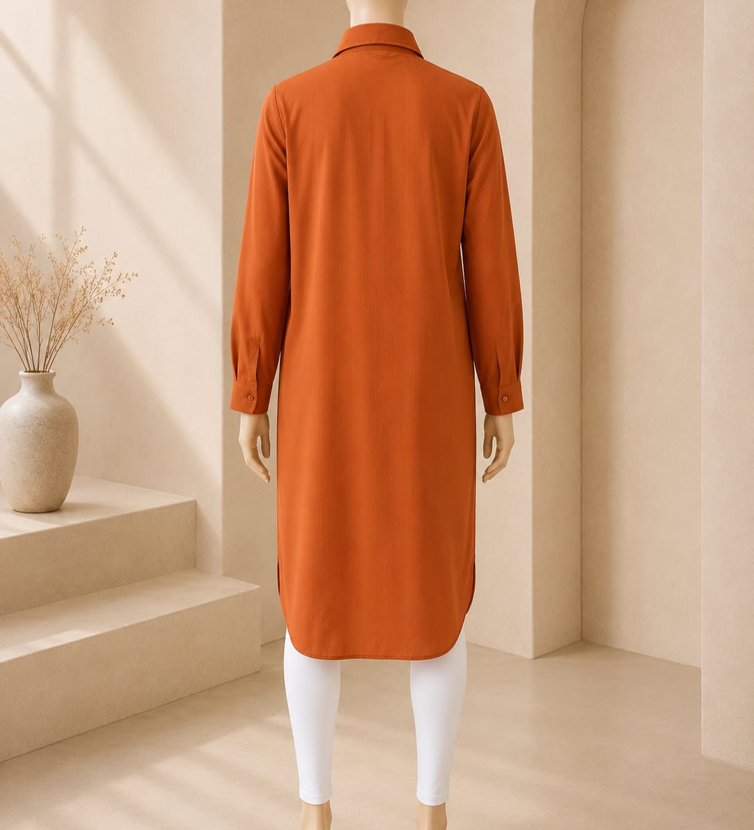 Burnt Orange Pinstripe Shirt Dress