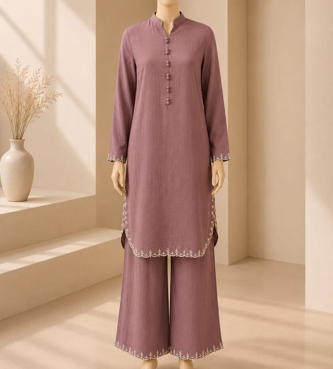 Mauve Embroidered Button Detail Co-Ord Set