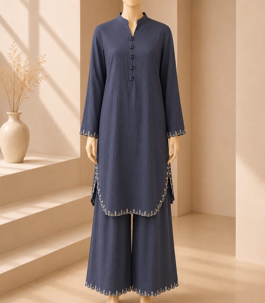Slate Blue Embroidered Button Detail Co-Ord Set