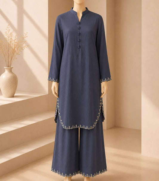 Slate Blue Embroidered Button Detail Co-Ord Set