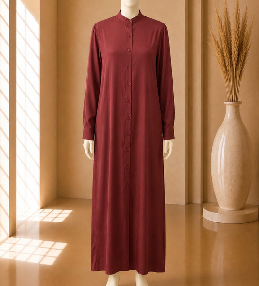Maroon Button-Front Maxi Abaya