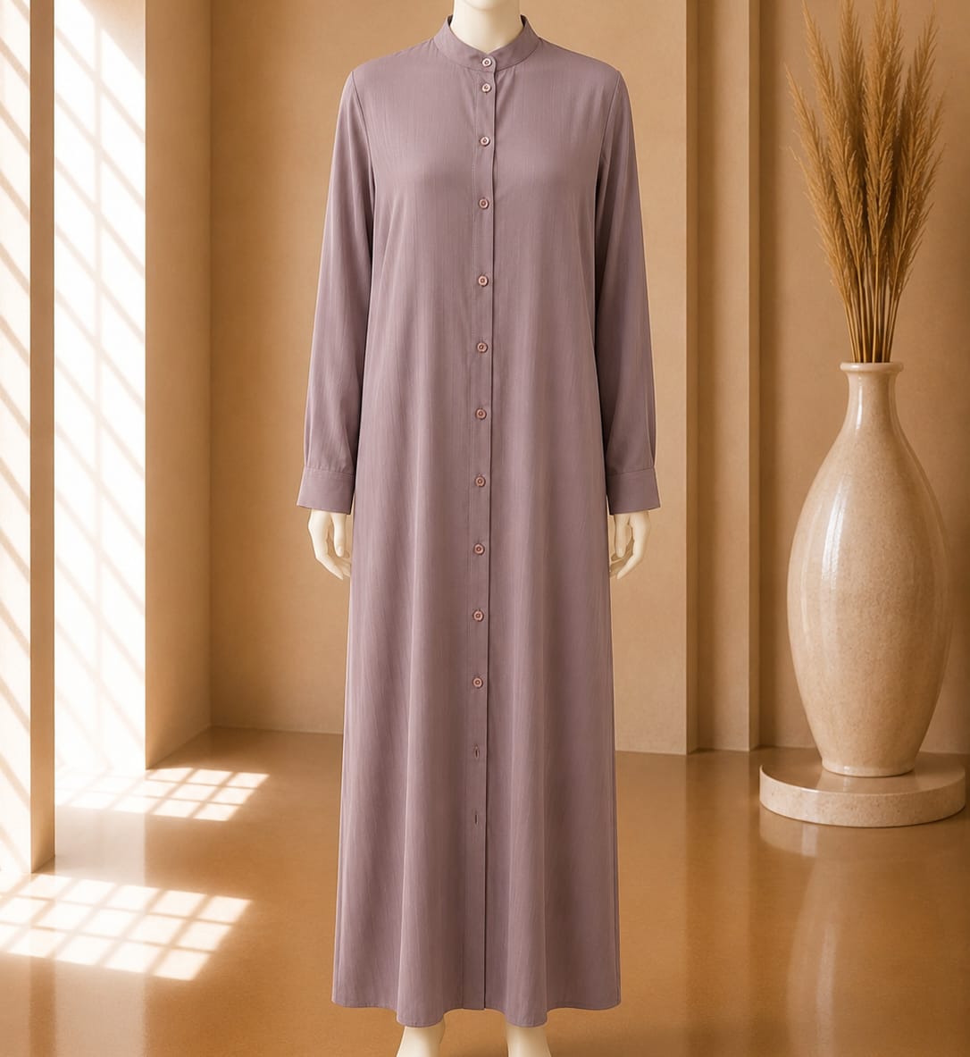 Misty Mauve Button-Front Maxi Abaya