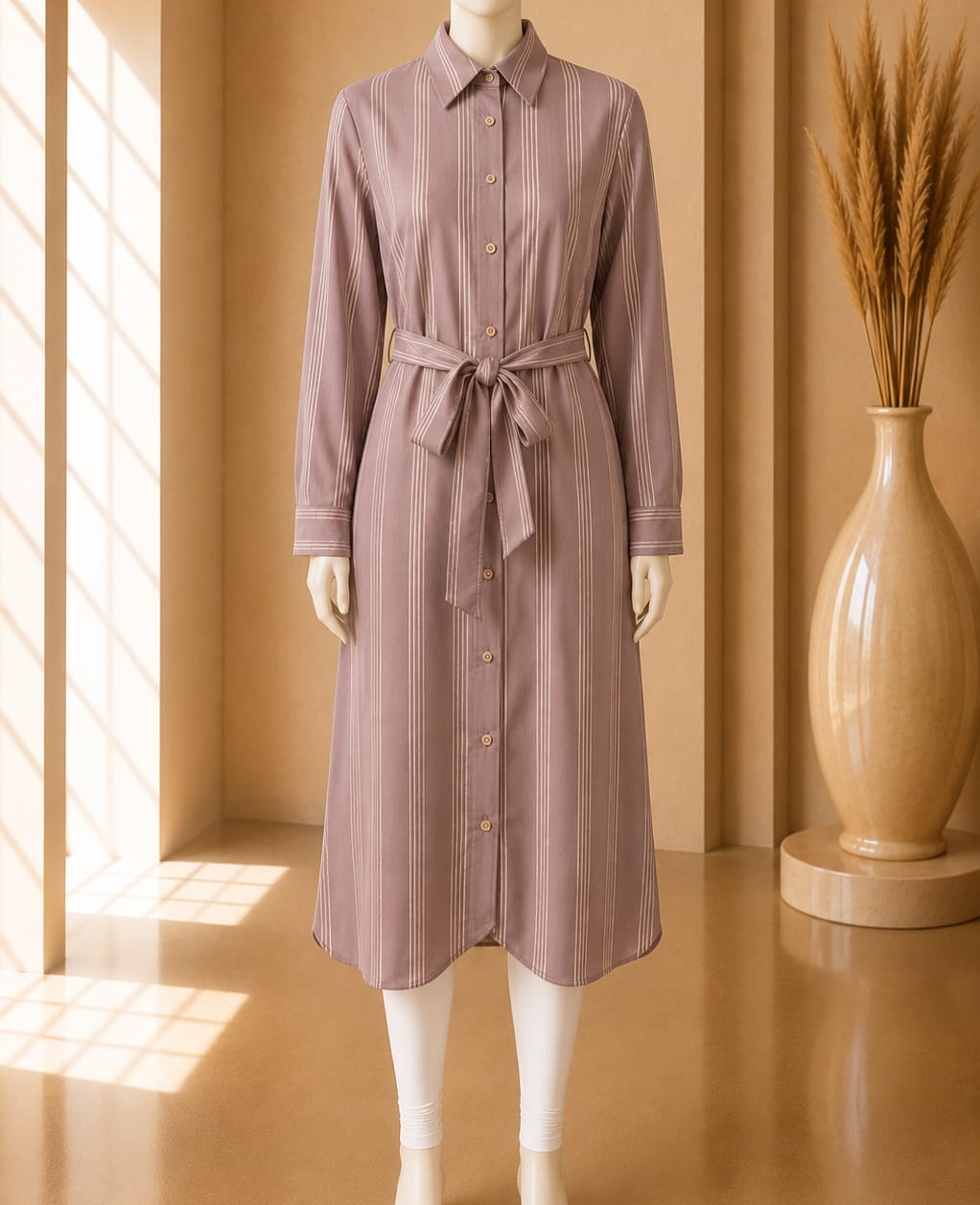 Mauve Belted Stripe Shirt Dress