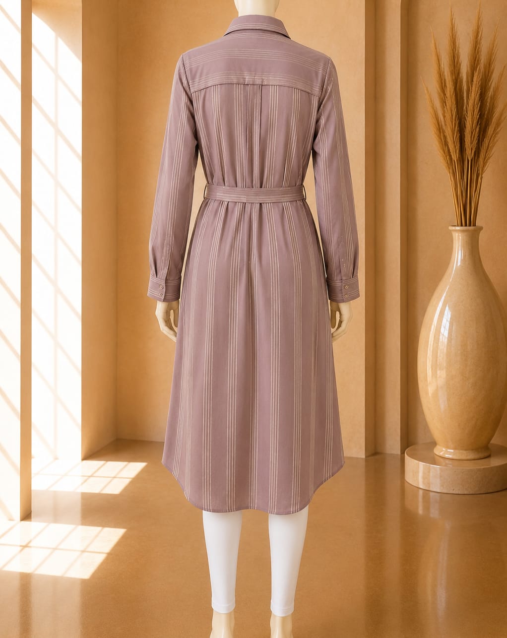 Mauve Belted Stripe Shirt Dress
