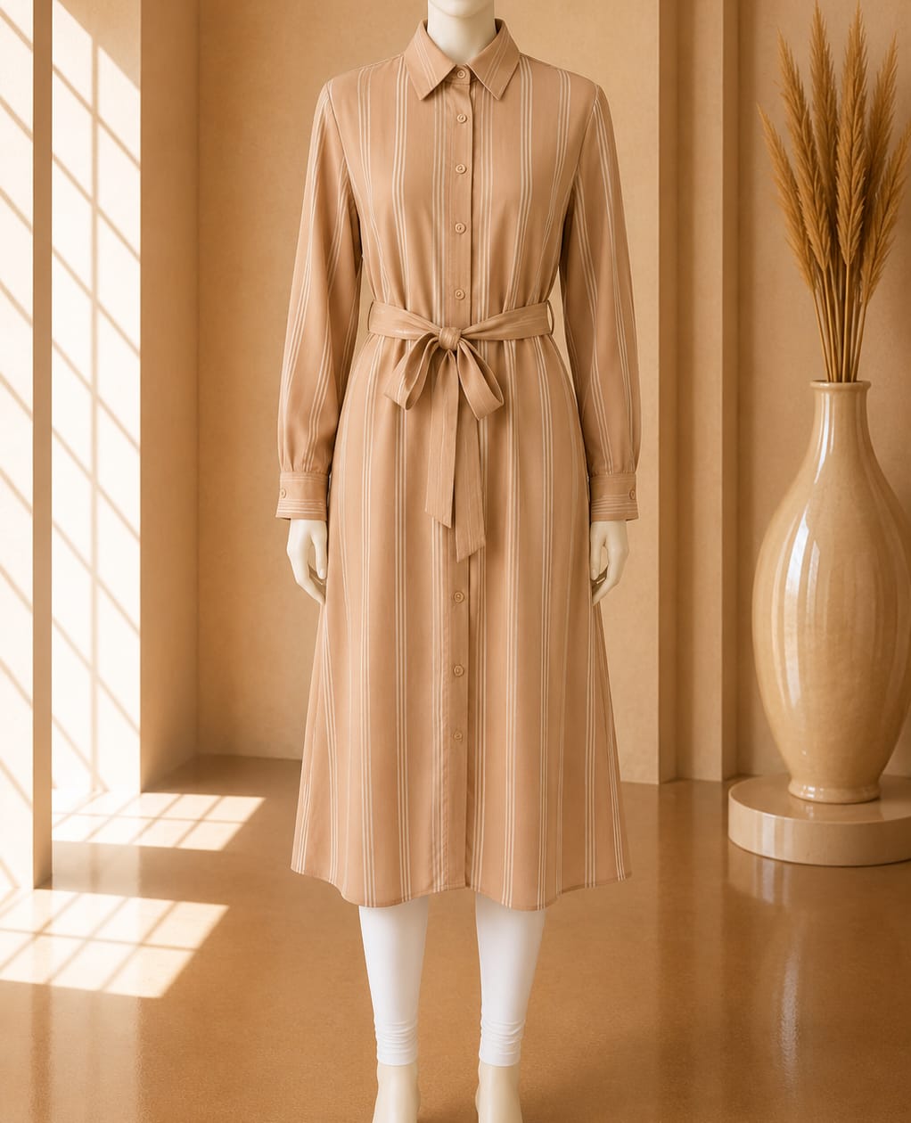 Sand Belted Stripe Shirt Dress