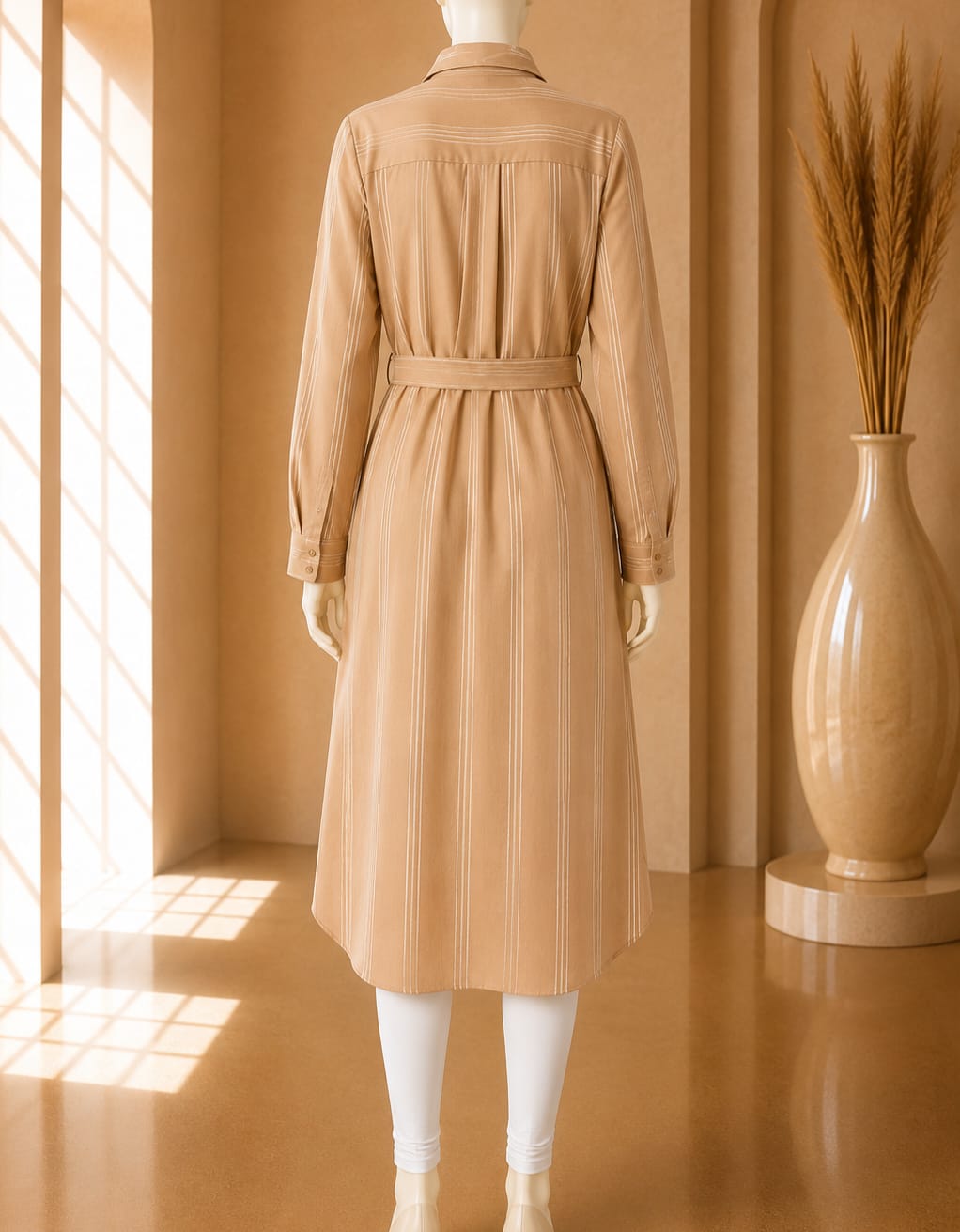 Sand Belted Stripe Shirt Dress