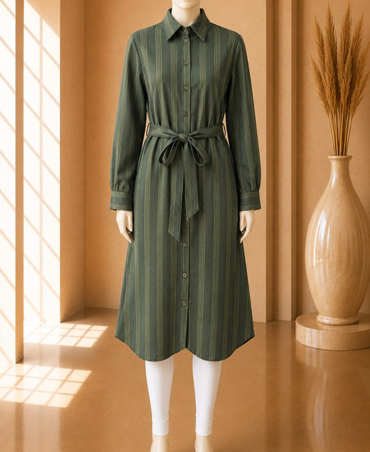 Olive Belted Stripe Shirt Dress