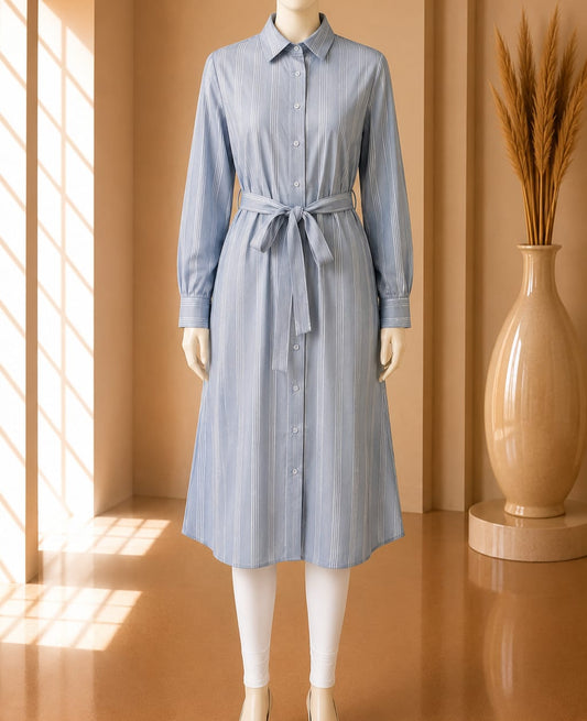 Sky Blue Belted Stripe Shirt Dress
