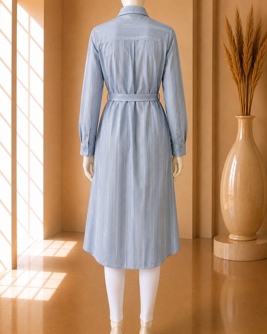 Sky Blue Belted Stripe Shirt Dress