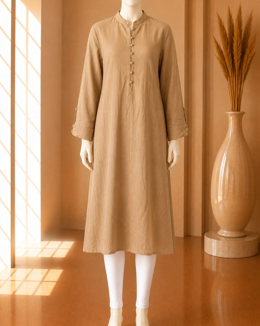 Sand Beige Mandarin Collar Midi Tunic