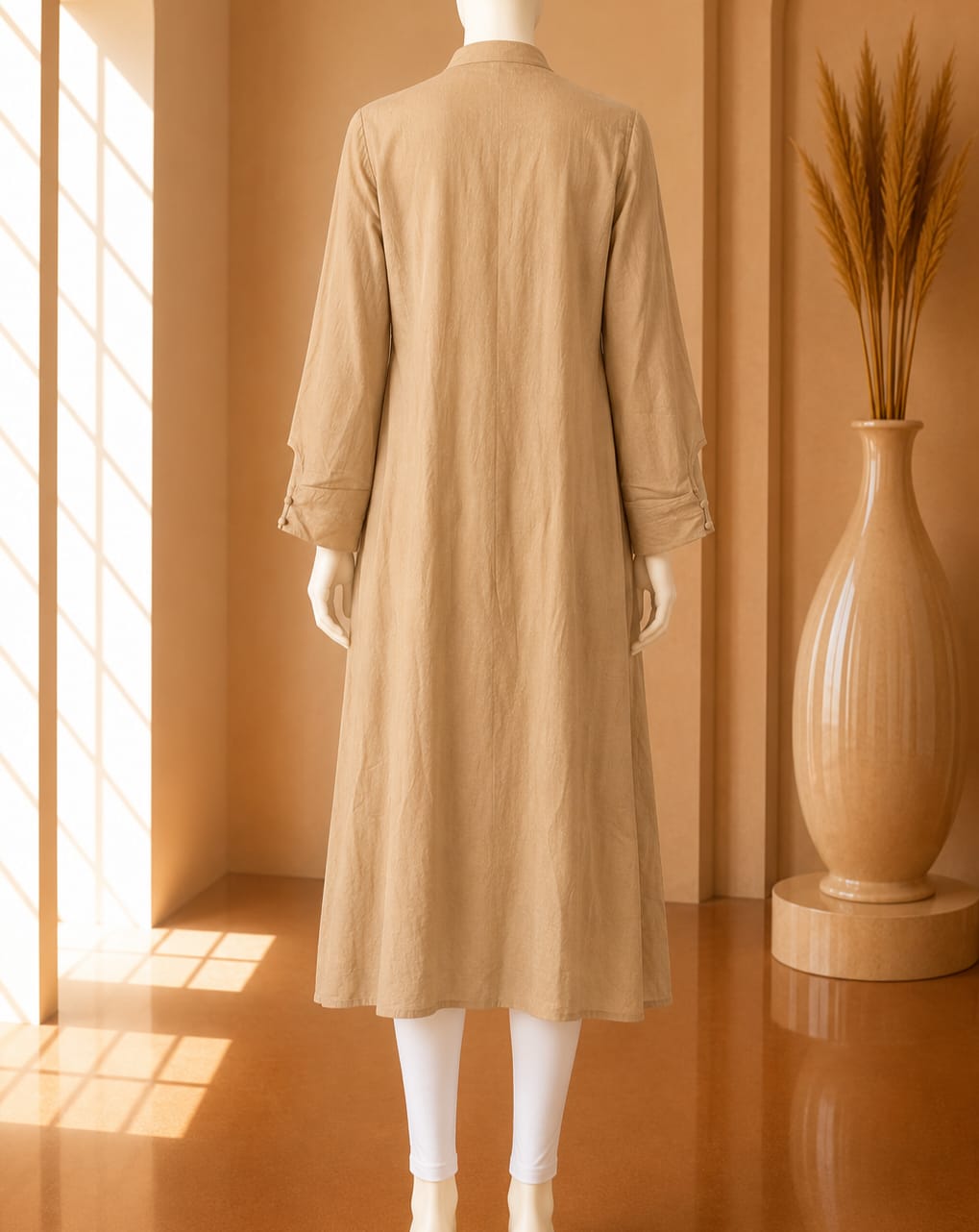 Sand Beige Mandarin Collar Midi Tunic