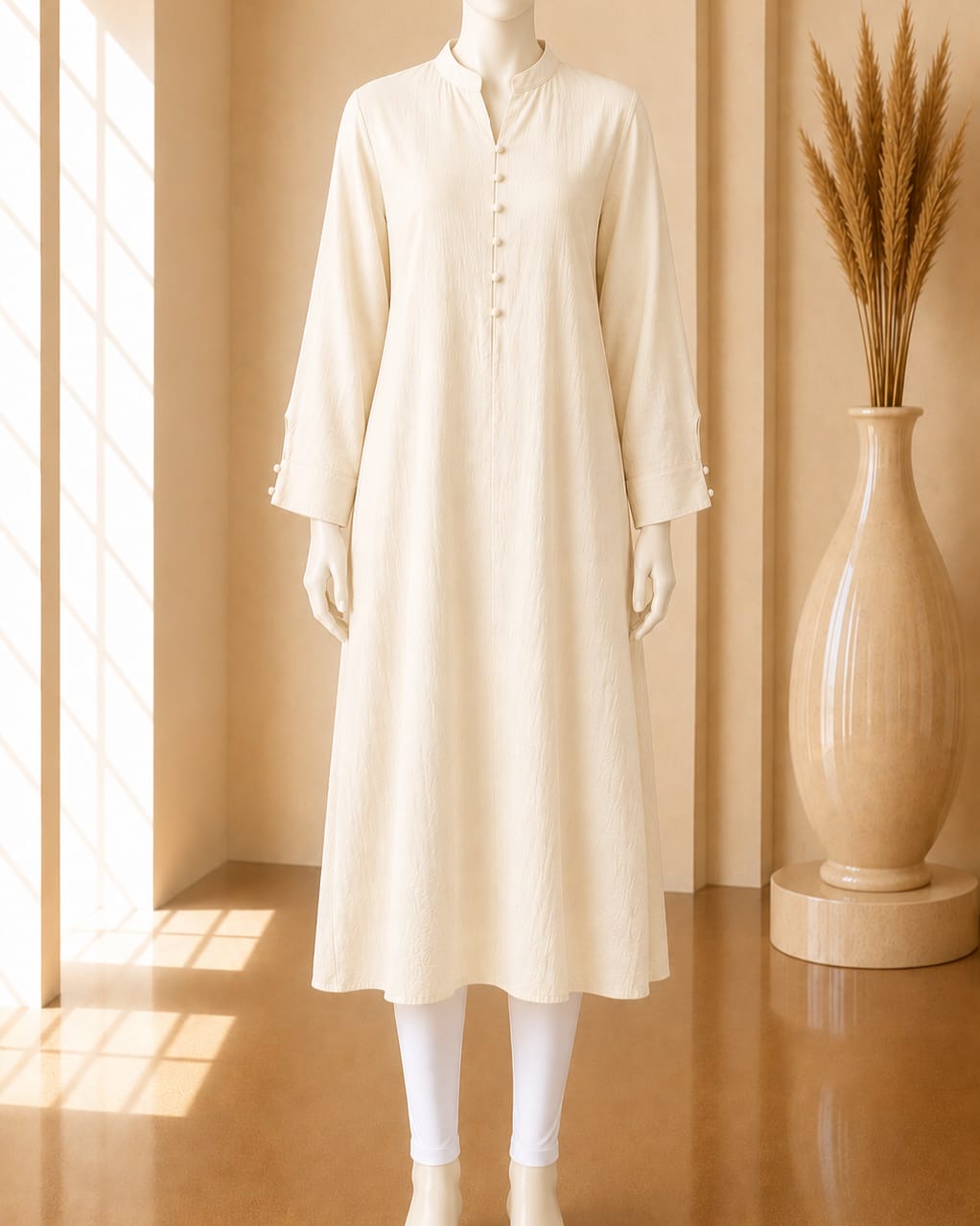 Ivory Mandarin Collar Midi Tunic