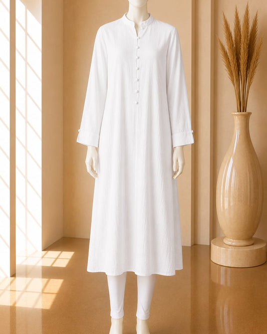 White Mandarin Collar Midi Tunic