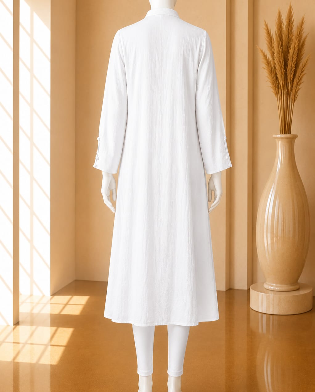 White Mandarin Collar Midi Tunic