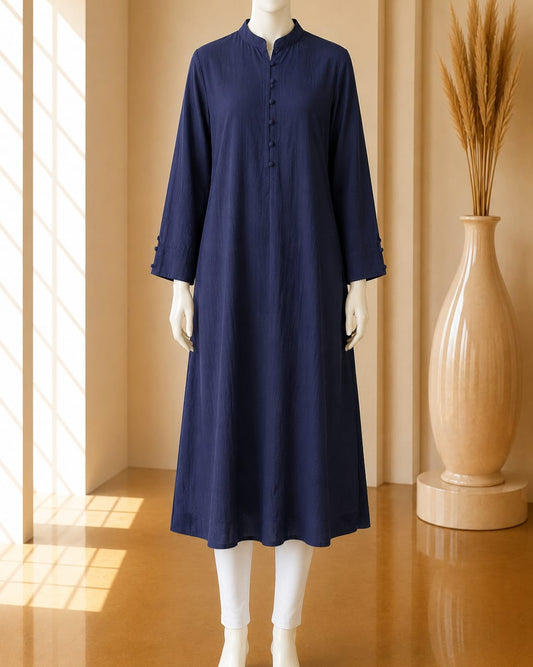 Navy Mandarin Collar Midi Tunic