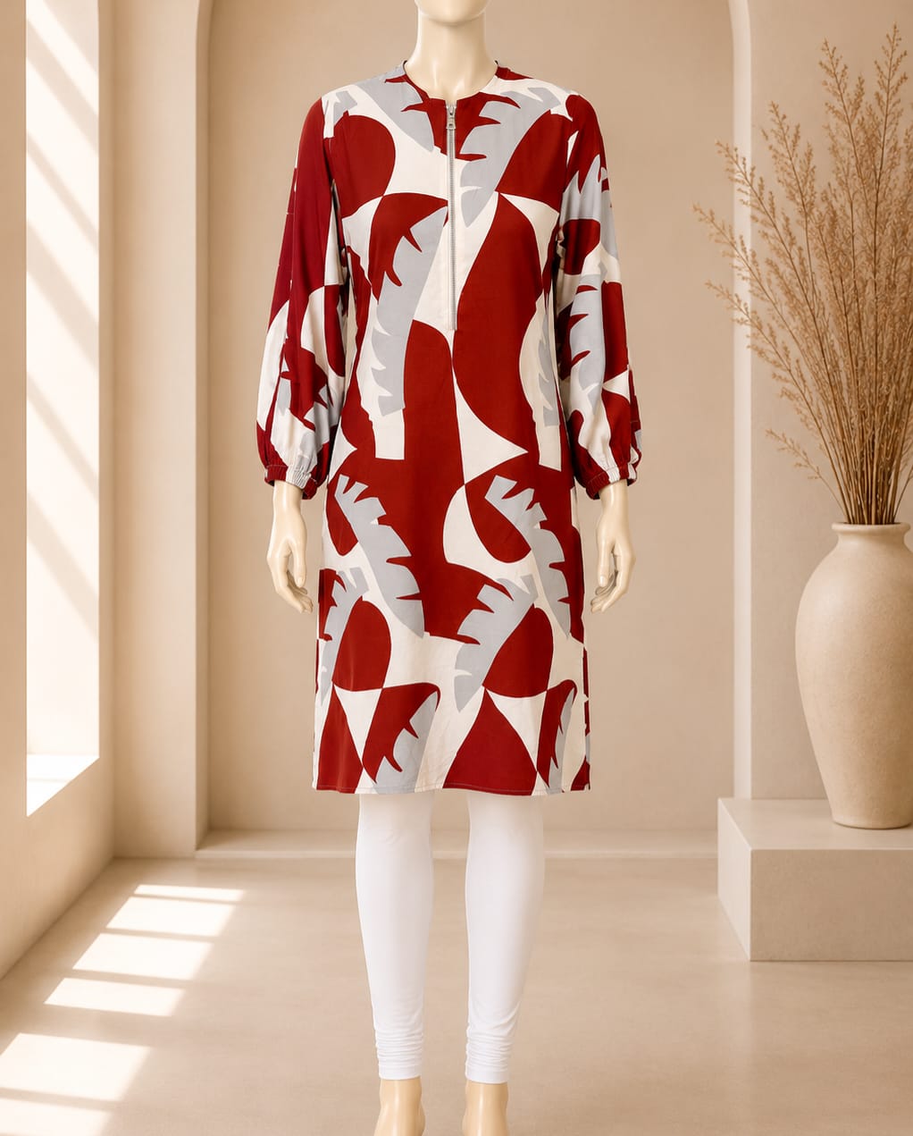 Crimson Botanical Zip Midi